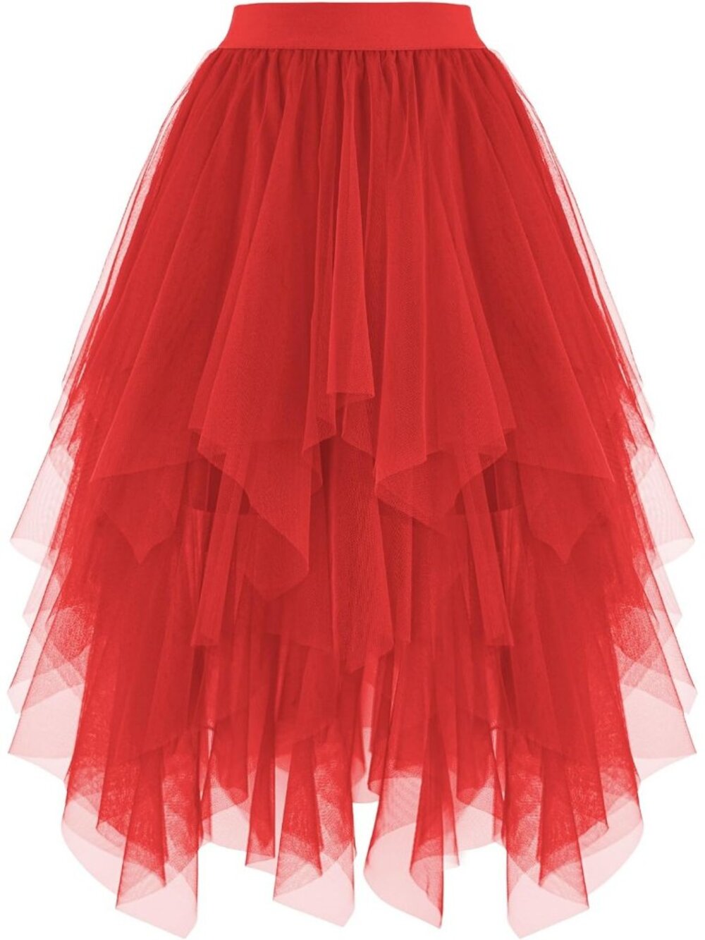 Women's Layered Tulle Midi Skirt High Low Puffy Fairy Tutu Skirt-Red